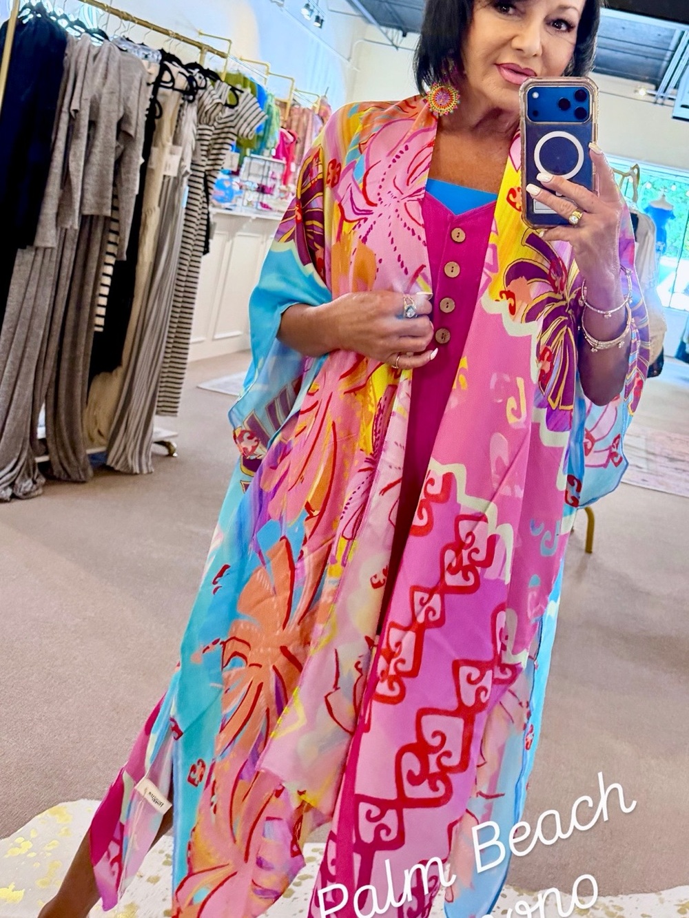 Women's Bright Pink & Aqua Printed Beach Kimono Coverup